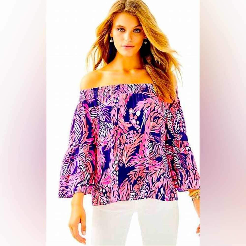 Lilly Pulitzer Tobyn Floral Off the Shoulder Bell Sleeve Top Size Medium.